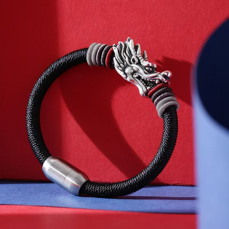 Men’s Sterling Silver Dragon Head Handmade Rope Bracelet -Protection&Luck