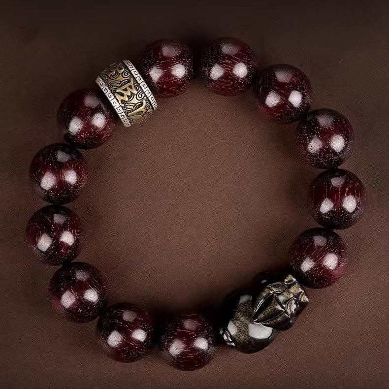 Red Sandalwood Bead Gold Obsidian Pixiu Bracelet -Attract Wealth