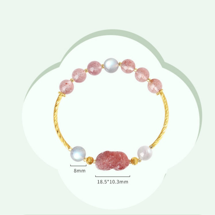 Strawberry Quartz Pixiu & Moonstone Bracelet–Fortune, Love & Emotional Harmony