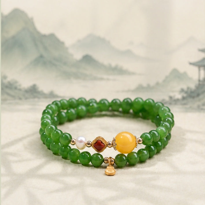 Nephrite Green Jade Double-Wrap Bracelet-Steady Continuity