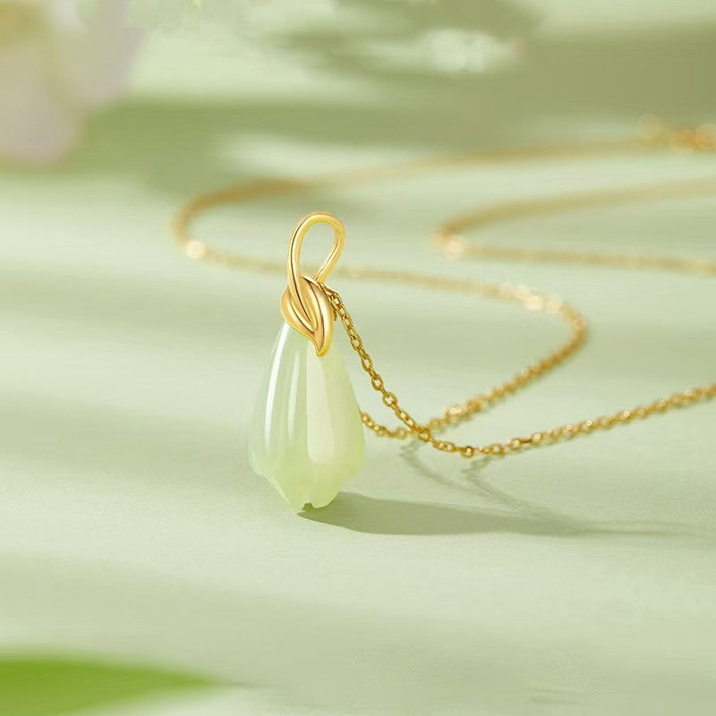 Gold Branch Jade Magnolia Pendant Necklace- wealth and prosperity