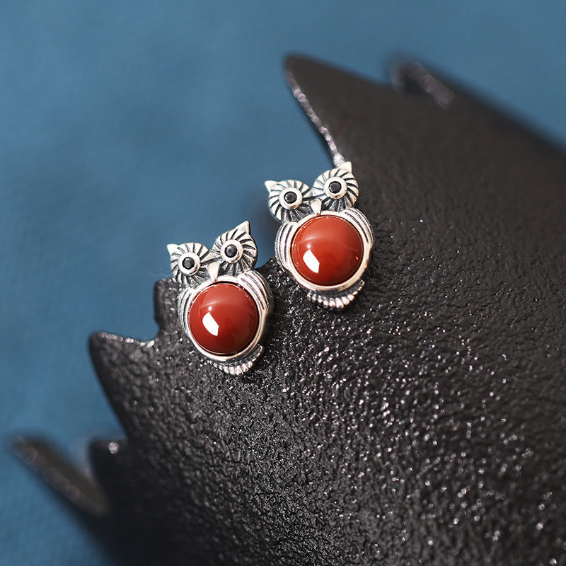 Quiet Wisdom-Owl Red Agate Sterling Silver Stud Earrings