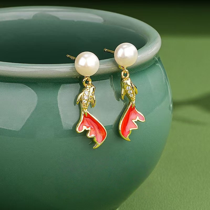 Pearl Koi Fish Drop Earrings – Elegant Gold-Plated Studs with Enamel & Crystals