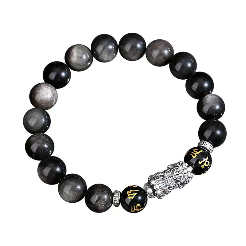 999 Silver Pixiu Black Obsidian Bracelet-Attract Luck