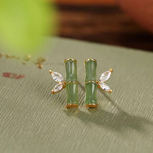 Natural Green Jade Bamboo Earrings-Prosperity Luck