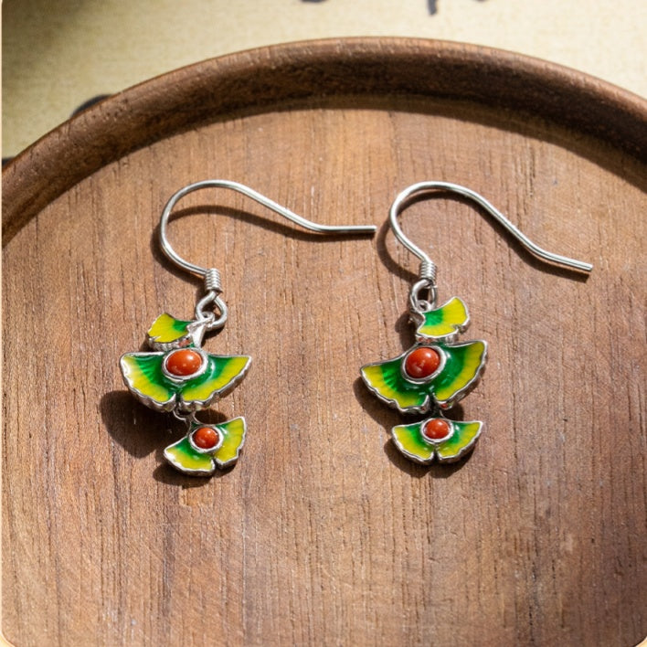 Ginkgo Leaf Red Agate S925 Silver Earrings-Autumn Poise