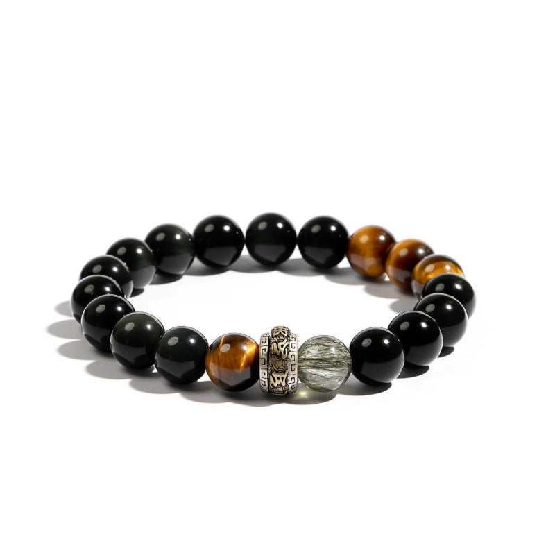 Six True Word Tiger's Eye and Black Obsidian Men's Bracelet-Steady Intention