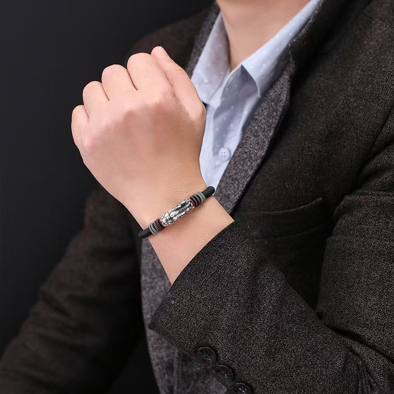 Men’s Sterling Silver Dragon Head Handmade Rope Bracelet -Protection&Luck