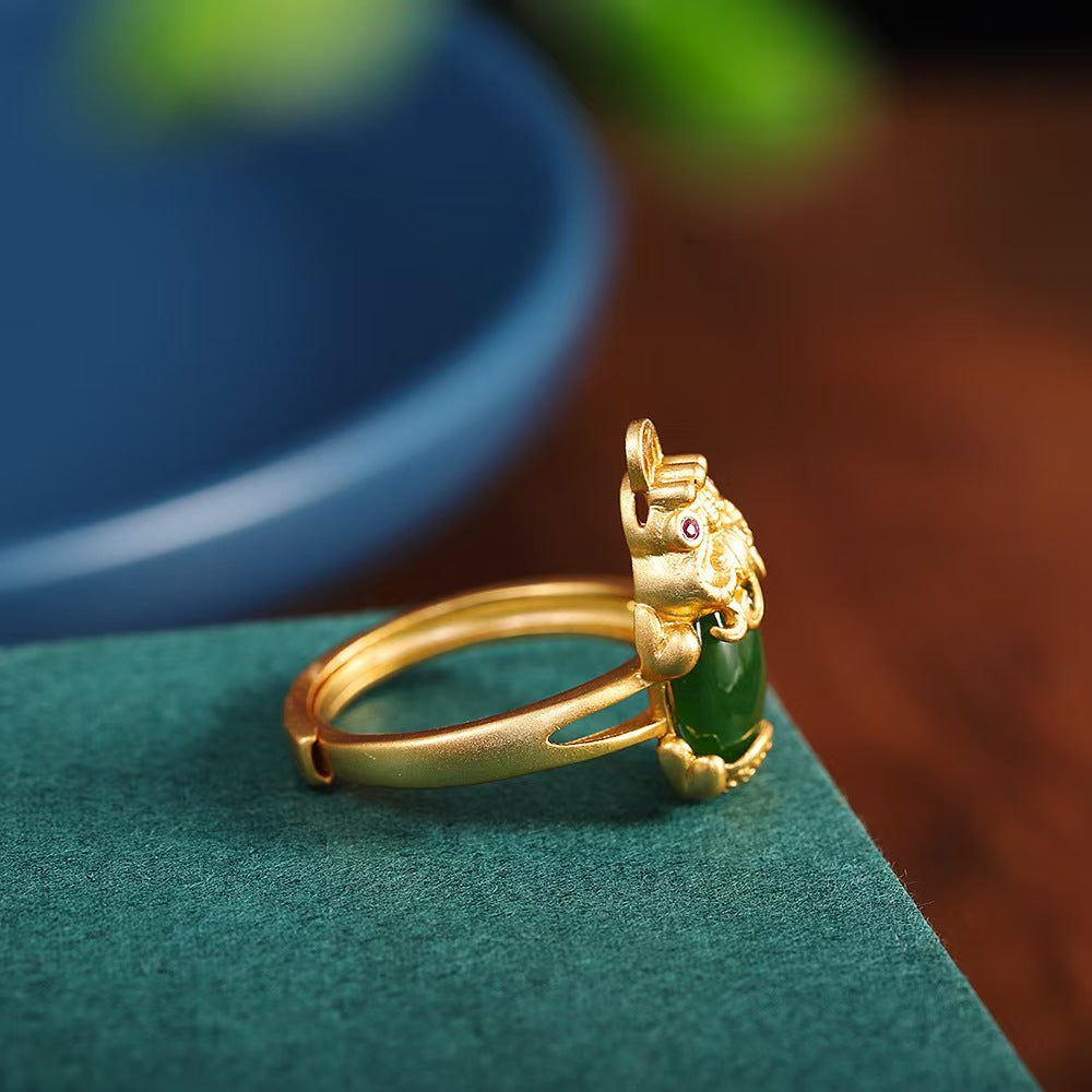 Pixiu Green Jade Ring