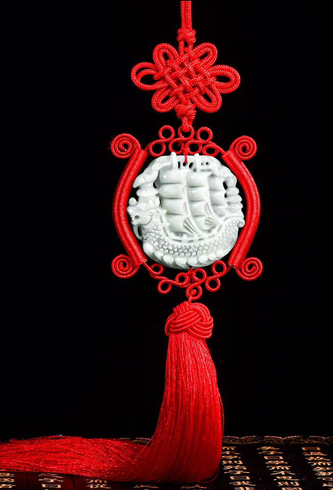 Jade Dragon Boat Car Hanging Ornament – Safe Journey & Success Charm with Red Tassel