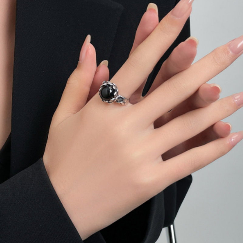 Bold at Heart-Black Agate Silver Ring