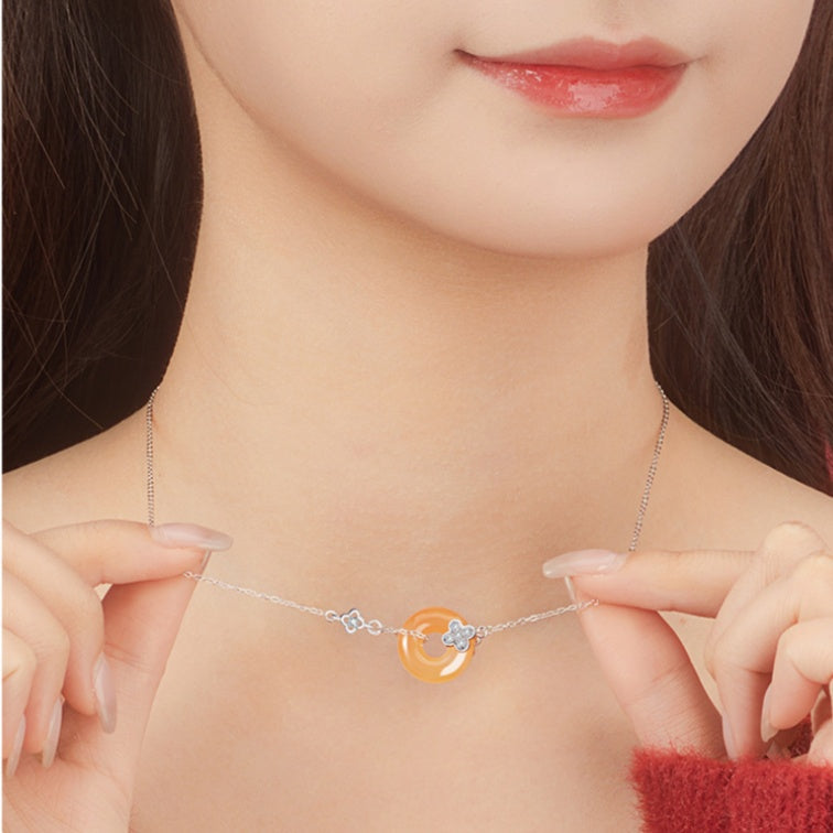 Four Leaf Clover Honey Orange Agate Necklace-Luck by Your Side