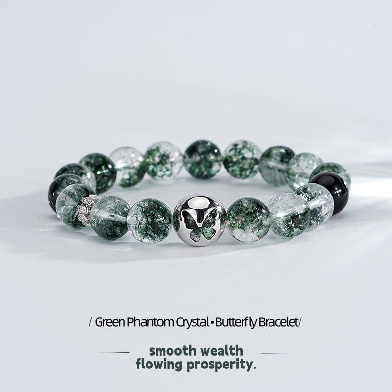 Green Phantom Quartz Bracelet with 925 Silver Butterfly – Crystal of Clarity, Growth & Good Fortune