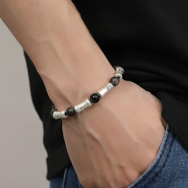 999 Sterling Silver Bamboo Bracelet – Black Obsidian Men’s Bracelet for Success & Steady Growth