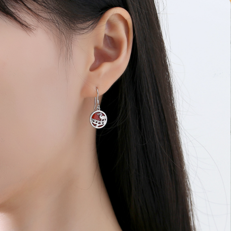 Crane Red Agate Sterling Silver Drop Earrings-A Wish for Long Life