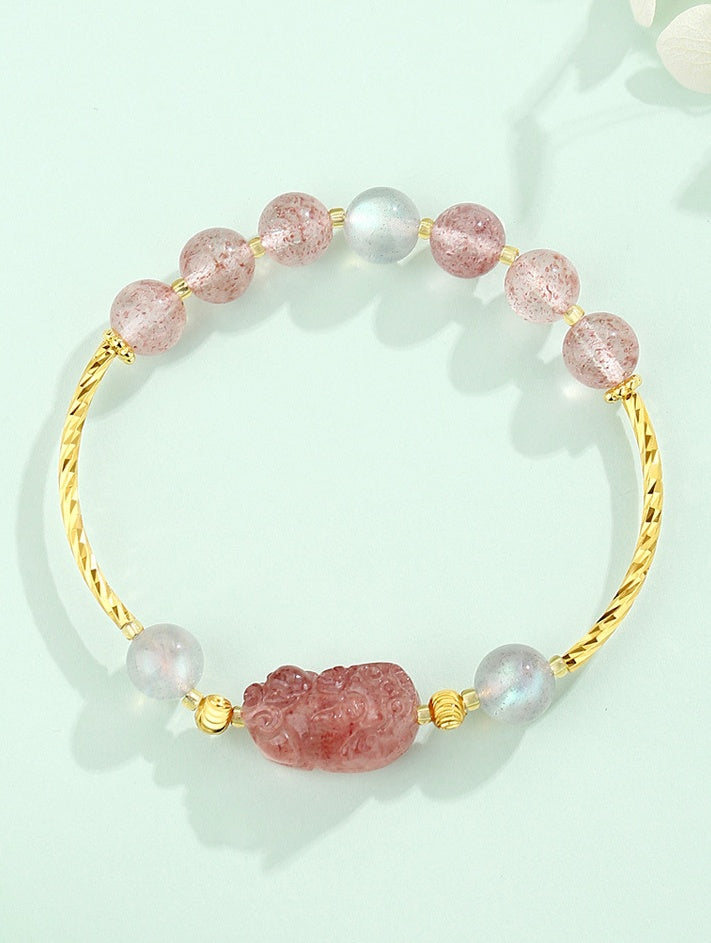 Strawberry Quartz Pixiu & Moonstone Bracelet–Fortune, Love & Emotional Harmony