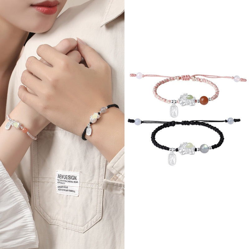Pixiu Nephrite Jade Beaded Couple Cord Bracelet-Auspicious Protection