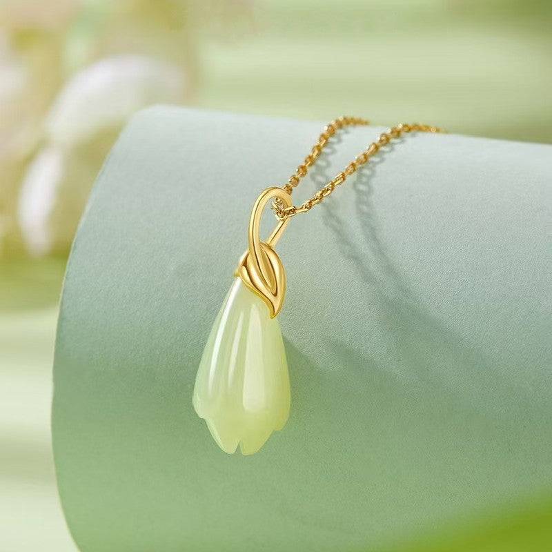 Gold Branch Jade Magnolia Pendant Necklace- wealth and prosperity