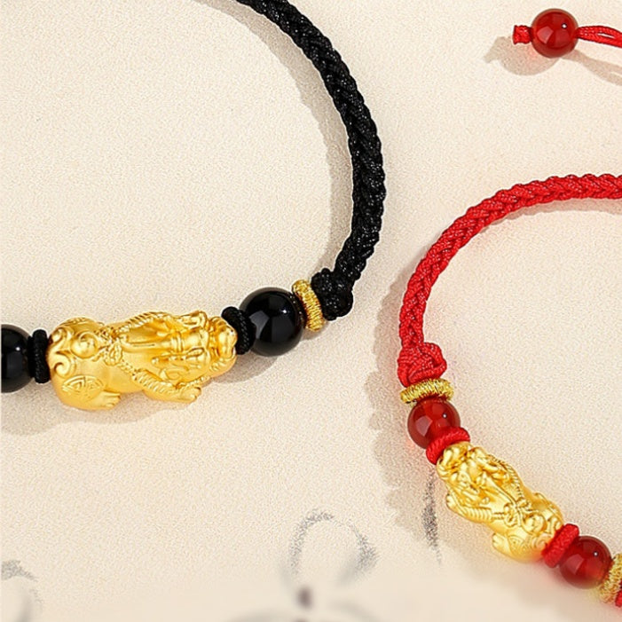 Welcoming Fortune-Pixiu Obsidian and Red Agate Couple Bracelet Set