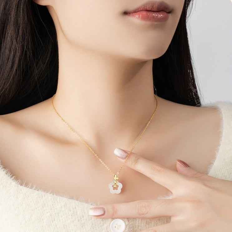 Butterfly Blossom White Nephrite Jade Pendant Necklace-Grace in Bloom
