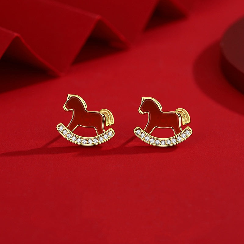 2026 Year of the Horse Red Agate Earrings – 925 Sterling Silver Lucky Studs for Wealth & New Beginnings
