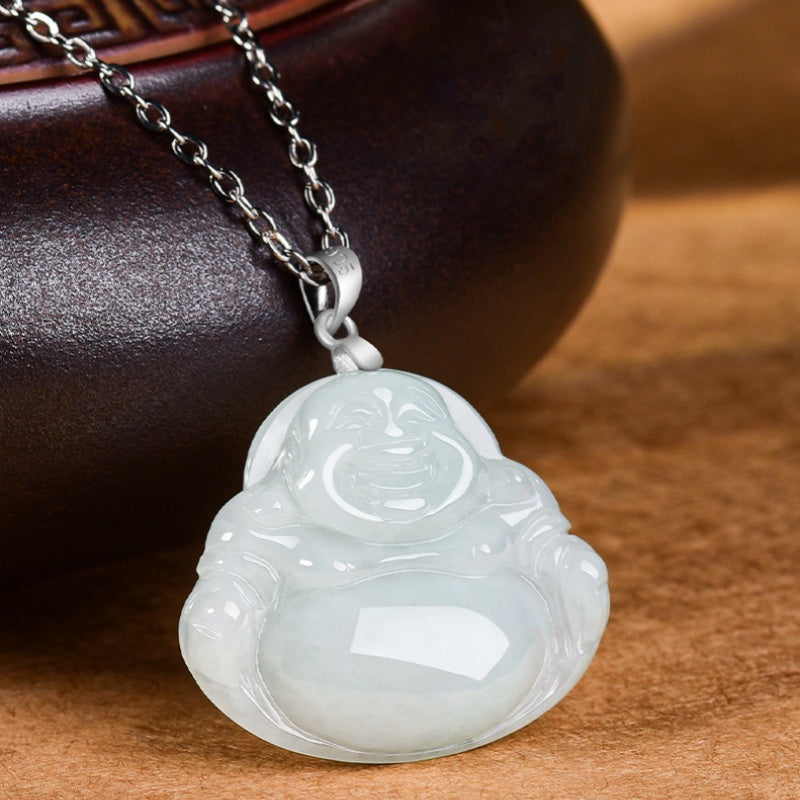 Joyful Serenity White Jade Laughing Buddha Pendant