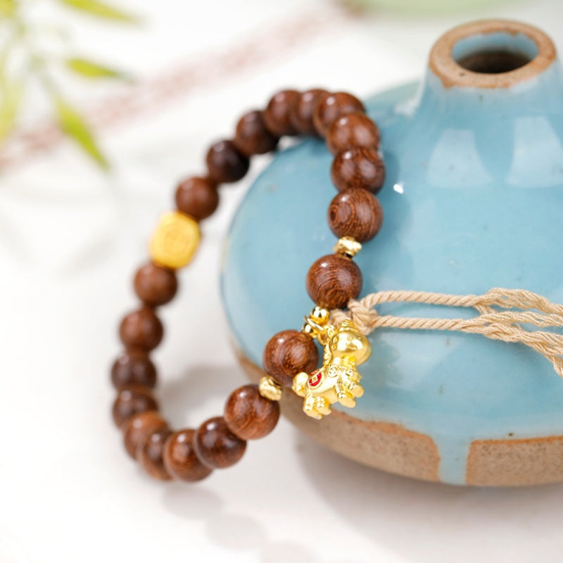 Silver-Plated Lucky Horse Gold Silk Sandalwood Bracelet-Courage into Abundance