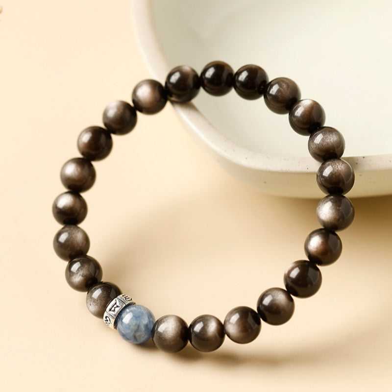 Centered Focus-Silver Obsidian Six-Character Mantra Bracelet
