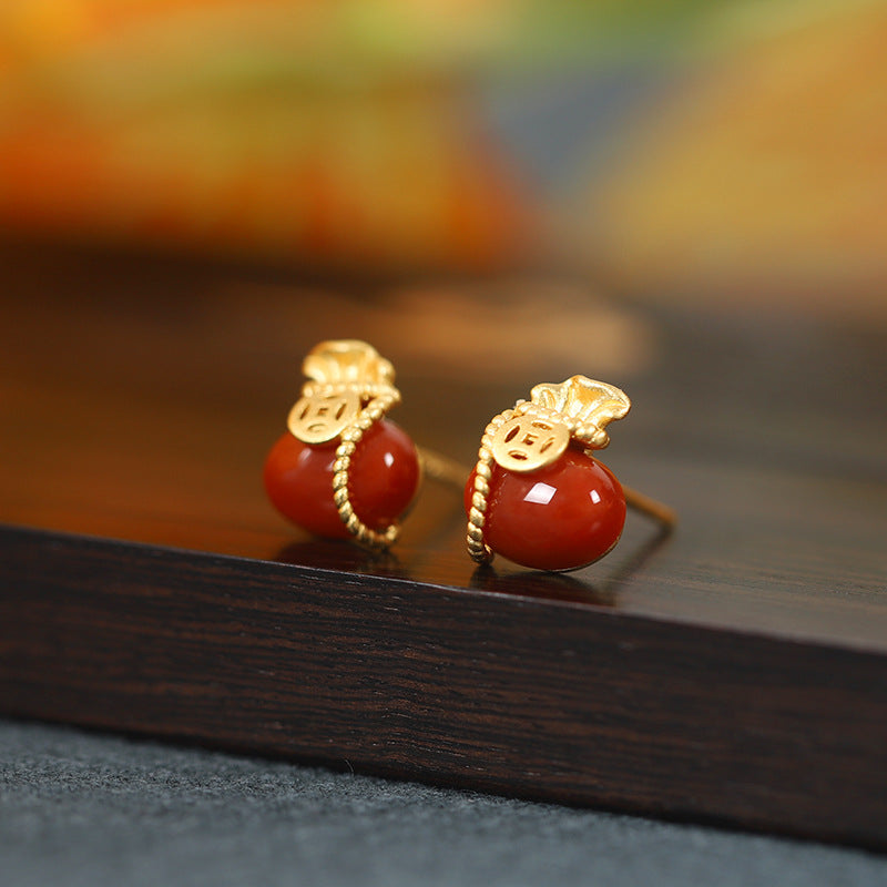 Fortune Pouch Gemstone Stud Earrings-Good Wishes Held Close