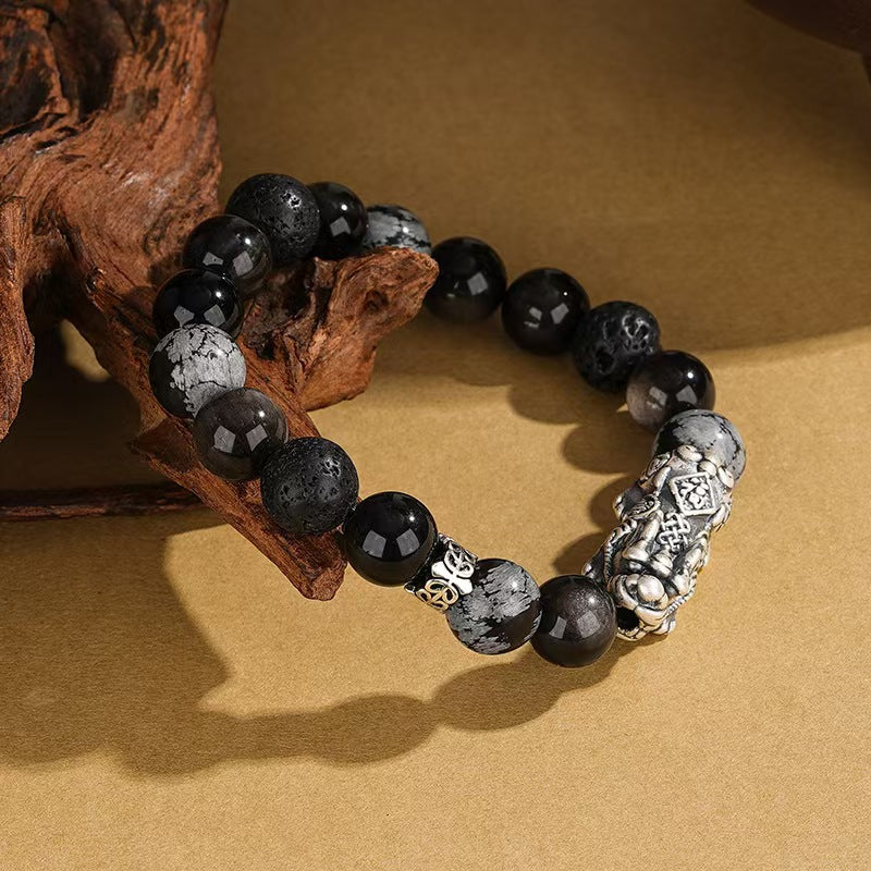 Guardian Flow Pixiu Obsidian & Lava Stone Silver Bracelet