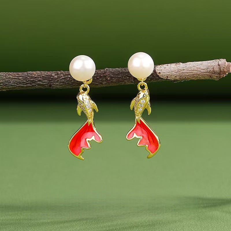 Pearl Koi Fish Drop Earrings – Elegant Gold-Plated Studs with Enamel & Crystals