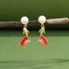 Pearl Koi Fish Drop Earrings – Elegant Gold-Plated Studs with Enamel & Crystals