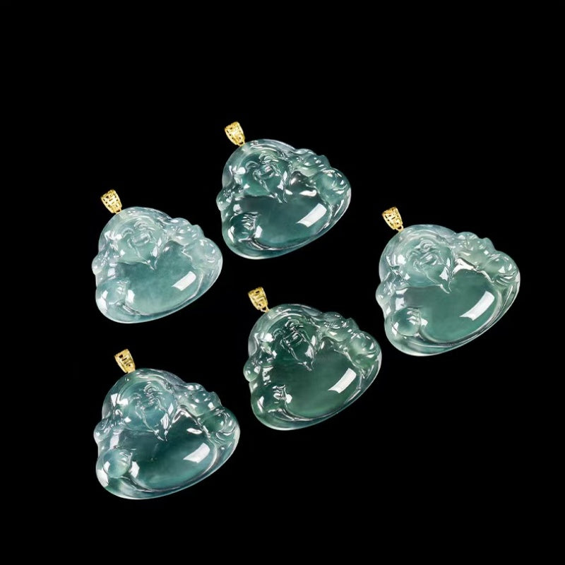 Blue Jadeite God of Wealth Pendant – Natural Ice-Type Jade Necklace with 18K Gold Setting