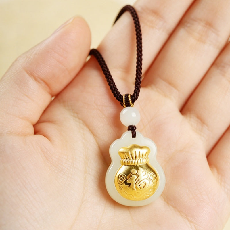 Fortune Held Close-Nephrite Jade Fortune Pouch Pendant Necklace
