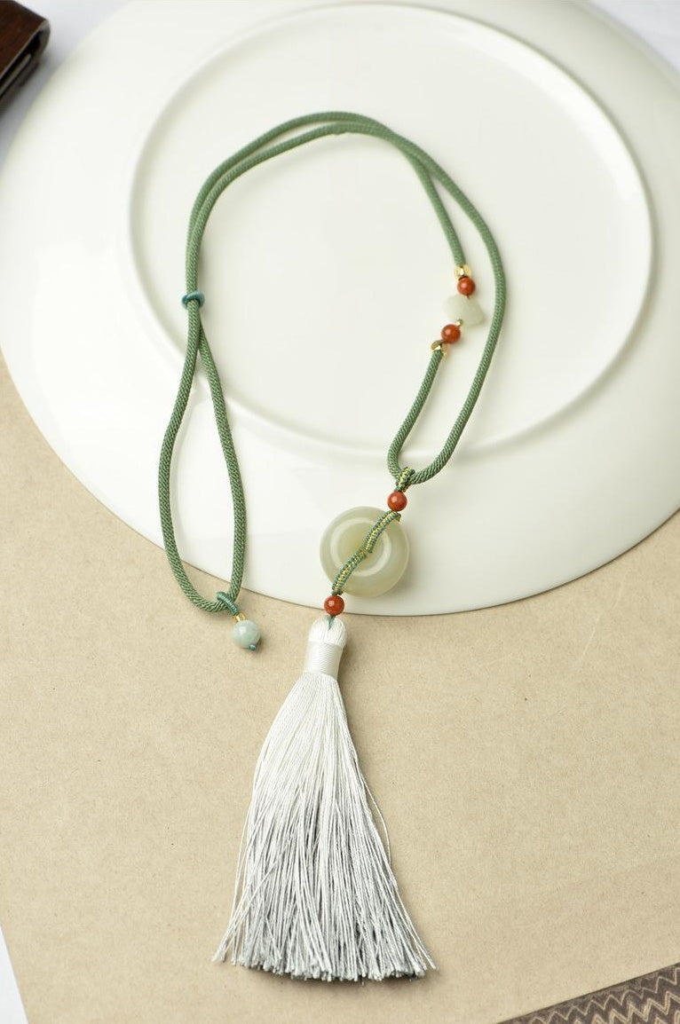 Peaceful Harmony-Nephrite Jade Ping An Kou Tassel Necklace