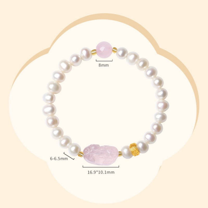 Rose Quartz Pixiu Bracelet with Pearls – 925 Silver Fortune & Peace Charm