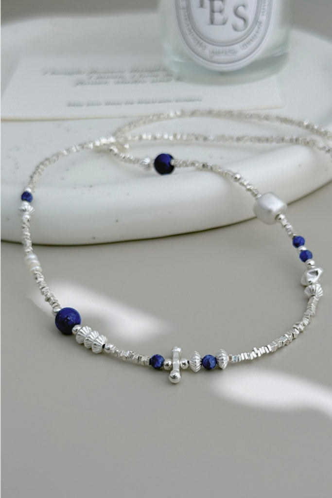 Lapis Lazuli Freshwater Pearl Silver Necklace-Starry Hymn
