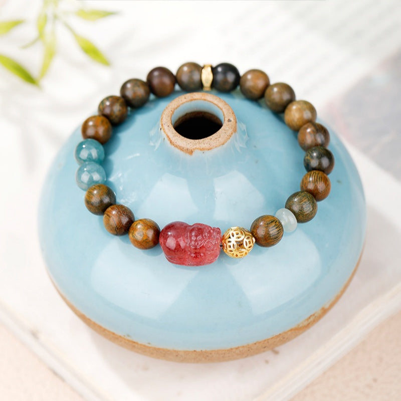 Strawberry Quartz Pixiu Green Sandalwood Bracelet-Verdant Echoes & Crimson Luck
