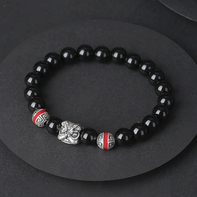 Lion Dance 925 Sterling Silver Obsidian Bracelet-Courageous Energy