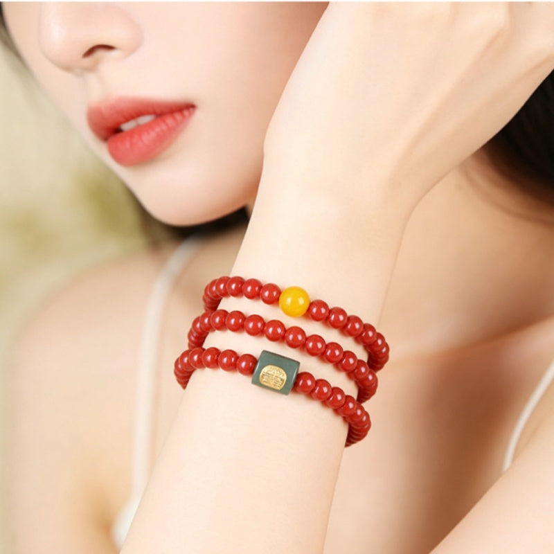 Steady Turns-Cinnabar Jadeite Triple-Wrap Bracelet