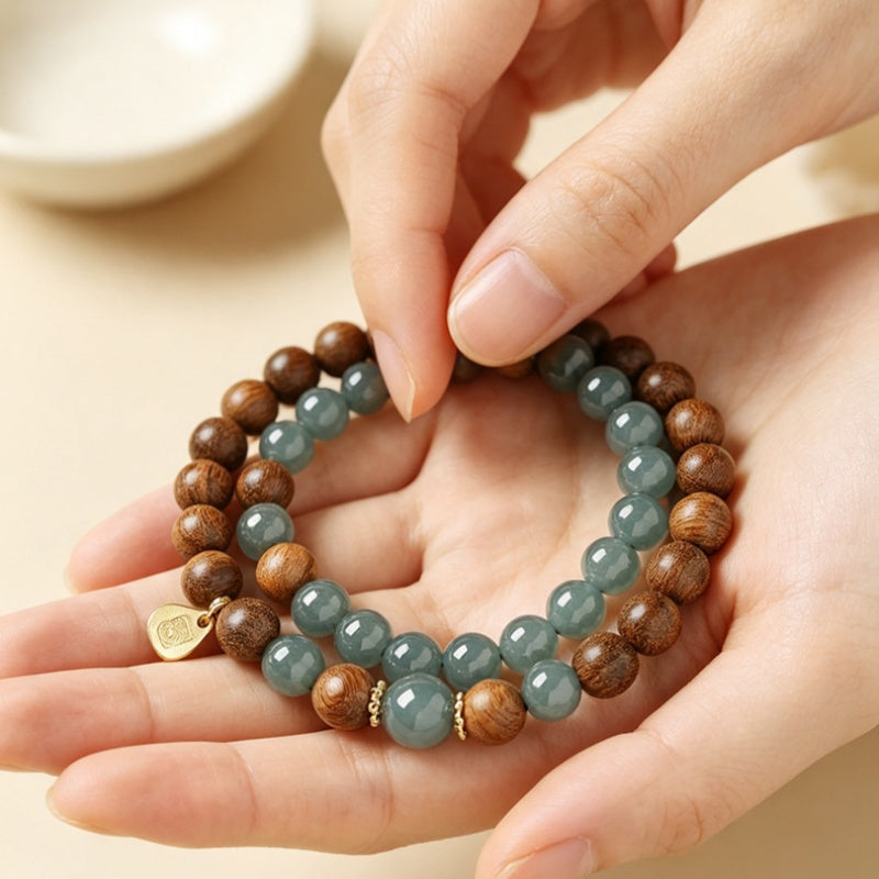 Sandalwood Blue Jadeite Double-Wrap Bracelet-Grounded Clarity