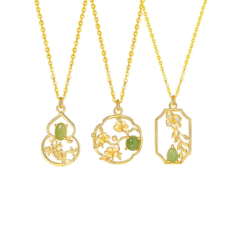 Fortune in Bloom-Floral & Gourd Green Jade Necklace