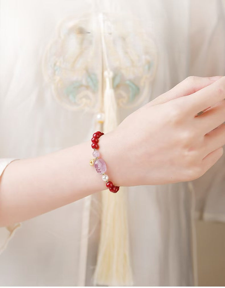 Imperial Amethyst Pixiu & High-Purity Cinnabar Wealth Bracelet