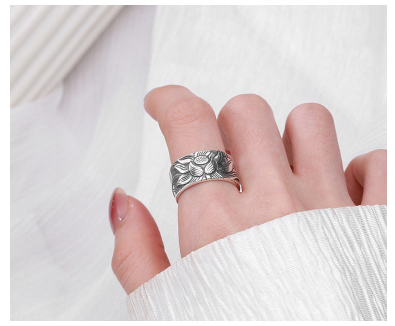 Lucky Lotus Heart Mantra Silver Ring