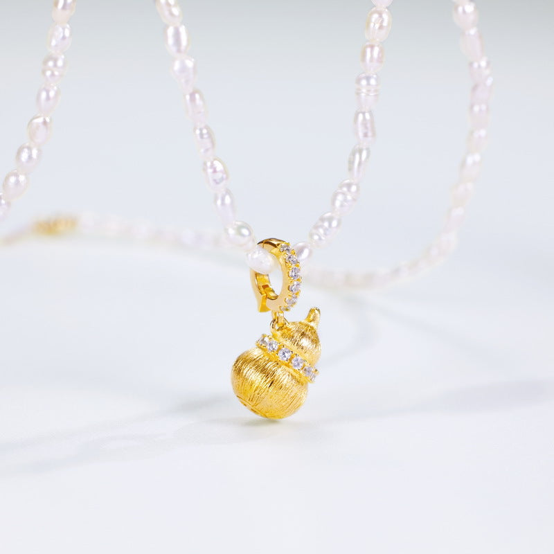 Vintage Gourd Necklace – 10K Gold-Tone Brushed Silver Pendant for Elegant Women