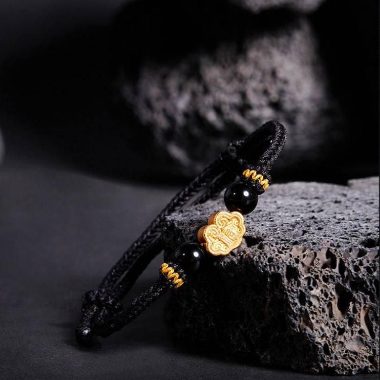 999 Sterling Silver & Obsidian Fortune Bracelet – Handmade Lucky Ruyi Knot Design
