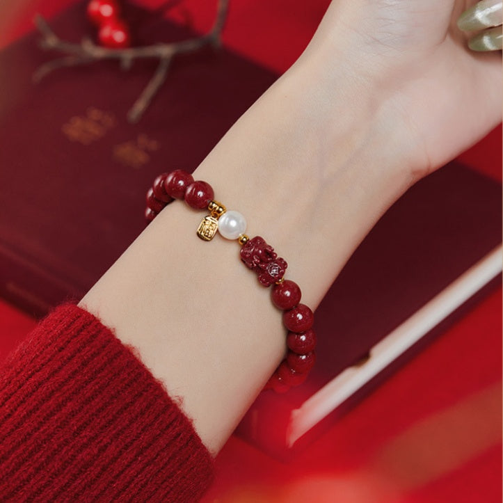 Pixiu Pressed Cinnabar Beaded Bracelet-Gathering Fortune