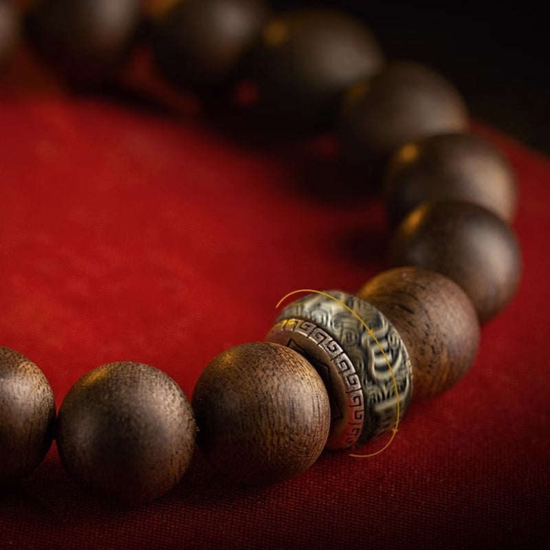 Agarwood Bracelet with Hetian Jade Pixiu & Mantra Bead-Steady Fortune