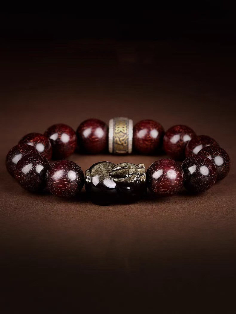 Red Sandalwood Bead Gold Obsidian Pixiu Bracelet -Attract Wealth