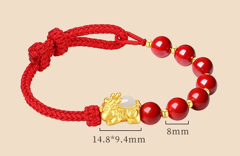 Pixiu Baby Bracelet with Cinnabar & Hetian Jade–Fortune Peace & Protection